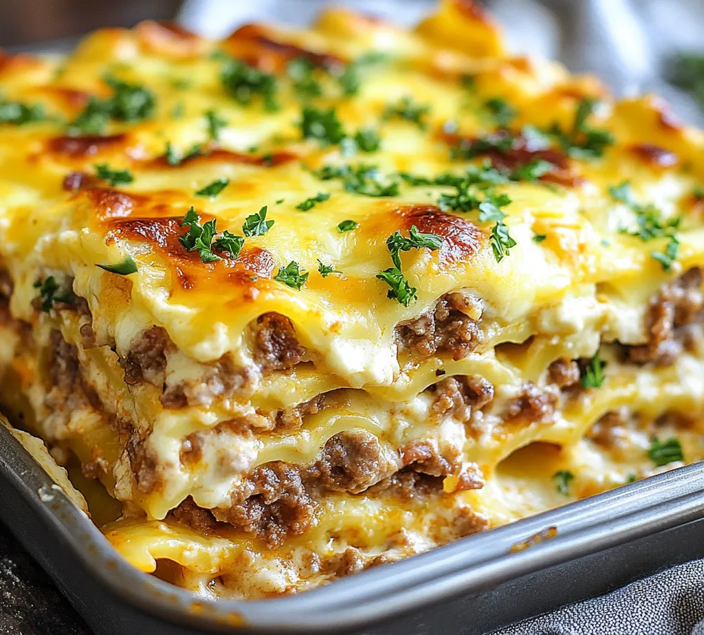 Welcome to a culinary adventure where two of your favorite comfort foods collide in a deliciously cheesy embrace! Presenting the <strong>Parmesan Garlic Cheeseburger Lasagna with Bacon</strong>—a unique twist on traditional lasagna that seamlessly combines the hearty flavors of a classic cheeseburger with the comforting layers of pasta. This dish is not just a meal; it’s a celebration of flavors, textures, and, most importantly, the joy of sharing good food with loved ones.” /></p>
</p>
<h3>Step-by-Step Guide on How to Layer the Lasagna Effectively</h3>
</p>
<p>Layering is a crucial aspect of making a great lasagna, especially for a dish as rich and flavorful as Parmesan Garlic Cheeseburger Lasagna with Bacon. To ensure that each bite is a harmonious blend of flavors and textures, follow these detailed layering instructions.</p>
</p>
<p><strong>1. Start with Meat Sauce:</strong></p>
<p>Begin your lasagna assembly by spreading a thin layer of the meat sauce on the bottom of your baking dish. This initial layer of sauce serves multiple purposes: it prevents the noodles from sticking to the pan and adds moisture to the lasagna, ensuring that the noodles cook perfectly. A good rule of thumb is to use about a cup of sauce for the base layer.</p>
</p>
<p><strong>2. Noodle Layer:</strong></p>
<p>Next, lay down your cooked lasagna noodles. If you’re using traditional noodles, ensure they are slightly overlapping but not excessively so. Aim for a seamless layer that covers the entire surface of the meat sauce. If you’re using no-boil noodles, make sure they are adequately spaced for even cooking.</p>
</p>
<p><strong>3. Cheese Mixture:</strong></p>
<p>Now it’s time to add the cheese mixture. In a bowl, combine ricotta cheese, grated Parmesan, minced garlic, and an egg. Stir until smooth, and then spread a generous layer of this mixture over the noodles. The egg helps bind the cheese, contributing to a nice texture in the final product. Visual cues to look for: the cheese layer should be spread evenly and should cover the noodles completely without any gaps.</p>
</p>
<p><strong>4. Repeat Layering:</strong></p>
<p>Continue the layering process by repeating the steps: add another layer of meat sauce, followed by noodles, then the cheese mixture. Depending on the depth of your baking dish, you may be able to incorporate two to three layers. Aim to finish with a top layer of meat sauce, which will help keep the noodles moist and prevent them from becoming overly dry during baking.</p>
</p>
<p><strong>5. Top with Cheese:</strong></p>
<p>For the final touch, cover the top layer of meat sauce with a generous amount of shredded mozzarella cheese. This layer will melt beautifully and create a golden, bubbly crust as it bakes. You might also sprinkle additional grated Parmesan on top for extra flavor and a delightful crunch.</p>
</p>
<h3>Baking the Lasagna</h3>
</p>
<p>Once your lasagna is layered and ready, it’s time to bake!</p>
</p>
<p><strong>1. Cover with Foil:</strong></p>
<p>Before placing the lasagna in the oven, cover the baking dish with aluminum foil. This step is vital as it traps steam and moisture, ensuring the noodles cook thoroughly and preventing the cheese from burning too quickly. Bake the lasagna at 375°F (190°C) for about 25 minutes with the foil on.</p>
</p>
<p><strong>2. Uncover for Browning:</strong></p>
<p>After the initial baking time, carefully remove the aluminum foil. This allows the cheese on top to brown and bubble. Return the lasagna to the oven and bake for an additional 15-20 minutes. You’ll know it’s done when the cheese is golden brown and bubbling, and the edges of the lasagna are slightly crisp.</p>
</p>
<p><strong>3. Resting Time:</strong></p>
<p>Once removed from the oven, let the lasagna rest for at least 15-20 minutes before slicing. This resting period is crucial; it allows the layers to set and makes slicing much easier. If you cut into the lasagna too soon, the layers may slide apart, resulting in a messy presentation.</p>
</p>
<h3>Serving Suggestions</h3>
</p>
<p>To enhance your dining experience, consider pairing your Parmesan Garlic Cheeseburger Lasagna with complementary sides and beverages.</p>
</p>
<p><strong>Sides:</strong></p>
<p>– <strong>Salads:</strong> A fresh garden salad or a Caesar salad can provide a nice contrast to the richness of the lasagna. The crispness of greens helps balance the decadent flavors.</p>
<p>– <strong>Garlic Bread:</strong> Warm, buttery garlic bread is a classic accompaniment that’s perfect for soaking up any extra meat sauce or cheese.</p>
<p>– <strong>Steamed Vegetables:</strong> Lightly steamed broccoli or green beans can add a nutritious element to your meal, providing both color and texture.</p>
</p>
<p><strong>Beverage Pairings:</strong></p>
<p>– <strong>Red Wine:</strong> A medium-bodied red wine, such as a Merlot or a Chianti, can complement the flavors of the beef and cheese beautifully.</p>
<p>– <strong>Craft Beer:</strong> If you prefer beer, consider a rich stout or a hoppy IPA that can stand up to the bold flavors of the lasagna.</p>
</p>
<h3>Nutritional Information</h3>
</p>
<p>Understanding the nutritional components of your dish can be beneficial, especially if you’re mindful of dietary needs.</p>
</p>
<p><strong>Protein Content:</strong></p>
<p>This lasagna is a protein powerhouse, primarily due to the ground beef and various cheeses. A standard serving can provide around 25-30 grams of protein, making it a satisfying option for a hearty meal.</p>
</p>
<p><strong>Calories and Macronutrients:</strong></p>
<p>On average, a single serving of this lasagna contains approximately 500-600 calories, depending on the exact ingredients used and portion size. Here’s a breakdown of macronutrients per serving:</p>
<p>– Carbohydrates: 40-45 grams</p>
<p>– Proteins: 25-30 grams</p>
<p>– Fats: 25-30 grams</p>
</p>
<p><strong>Dietary Adjustments:</strong></p>
<p>If you’re looking to lighten the dish, consider using leaner ground meat, such as ground turkey or chicken. You can also reduce the amount of cheese used or substitute part-skim cheese options to cut down on fat and calories without sacrificing too much flavor.</p>
</p>
<h3>Conclusion</h3>
</p>
<p>Parmesan Garlic Cheeseburger Lasagna with Bacon is a delightful fusion of flavors that combines the comforting essence of a cheeseburger with the hearty satisfaction of lasagna. Its rich layers of meat, cheese, and savory garlic create a dish that is perfect for family gatherings, potlucks, or a cozy night in.</p>
</p>
<p>What sets this recipe apart is its versatility; you can personalize it by adding vegetables, experimenting with different cheeses, or adjusting the spices to suit your taste. Whether you stick closely to the traditional recipe or make it your own, this lasagna is sure to impress.</p>
</p>
<p>Encourage your culinary creativity and don’t hesitate to experiment with variations that reflect your personal preferences. This dish truly embodies the spirit of comfort food, making it a must-try for any pasta lover. So roll up your sleeves, gather your ingredients, and dive into the delicious world of Parmesan Garlic Cheeseburger Lasagna with Bacon!</p>
</div>