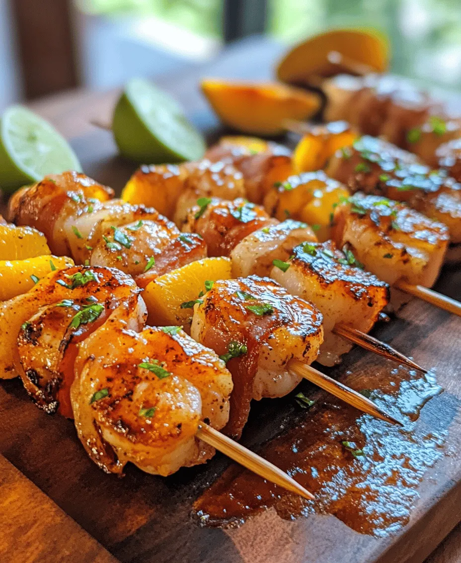 If you're searching for a dish that bursts with flavor and impresses at any gathering, look no further than BBQ, Sweet Chili, and Peach Bacon Wrapped Shrimp Kabobs. This mouthwatering recipe harmonizes the rich, smoky essence of BBQ, the sweet and tangy notes of ripe peaches, and the savory crunch of crispy bacon, all wrapped around succulent shrimp. Each bite offers a delightful contrast of textures and tastes, making these kabobs an instant favorite for those who enjoy a perfect balance of sweet and savory.