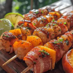 If you're searching for a dish that bursts with flavor and impresses at any gathering, look no further than BBQ, Sweet Chili, and Peach Bacon Wrapped Shrimp Kabobs. This mouthwatering recipe harmonizes the rich, smoky essence of BBQ, the sweet and tangy notes of ripe peaches, and the savory crunch of crispy bacon, all wrapped around succulent shrimp. Each bite offers a delightful contrast of textures and tastes, making these kabobs an instant favorite for those who enjoy a perfect balance of sweet and savory.