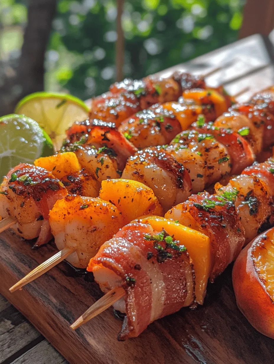 If you're searching for a dish that bursts with flavor and impresses at any gathering, look no further than BBQ, Sweet Chili, and Peach Bacon Wrapped Shrimp Kabobs. This mouthwatering recipe harmonizes the rich, smoky essence of BBQ, the sweet and tangy notes of ripe peaches, and the savory crunch of crispy bacon, all wrapped around succulent shrimp. Each bite offers a delightful contrast of textures and tastes, making these kabobs an instant favorite for those who enjoy a perfect balance of sweet and savory.