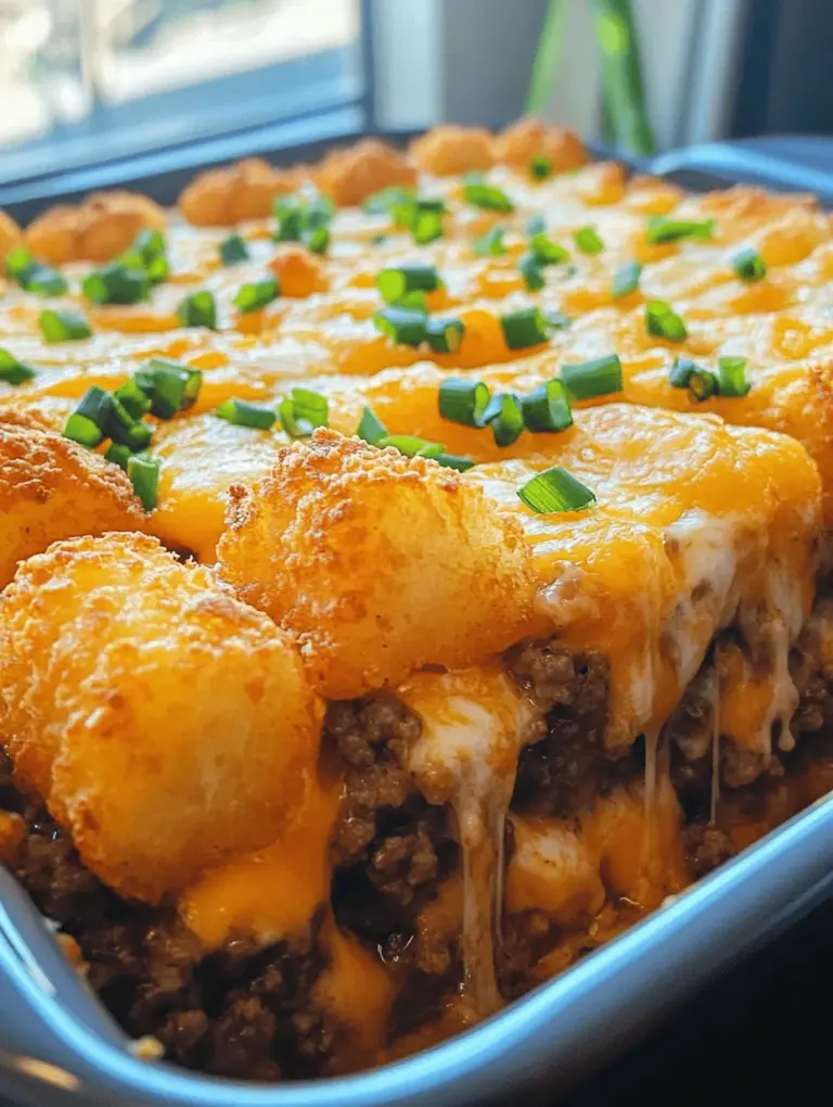 In the world of comforting casseroles, few dishes can rival the simple yet satisfying Cheesy Tater Tot Delight. This creamy, cheesy, and hearty meal is a classic that brings warmth to family dinners, potlucks, or cozy nights in. With layers of flavorful ground meat, aromatic vegetables, and a crispy topping of tater tots and gooey cheese, this dish is bound to be a crowd-pleaser.