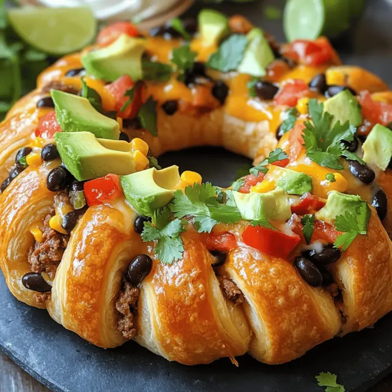 If you're looking for a dish that brings fun, flavor, and flair to your gatherings or family dinners, the Taco Fiesta Ring is an excellent choice. This festive dish combines the beloved flavors of tacos with a creative presentation that is sure to impress your guests. Picture a golden, flaky ring filled with seasoned meat, beans, cheese, and a medley of colorful toppings. Not only does it look beautiful on the table, but it also invites everyone to dig in and customize their portions with their favorite toppings.