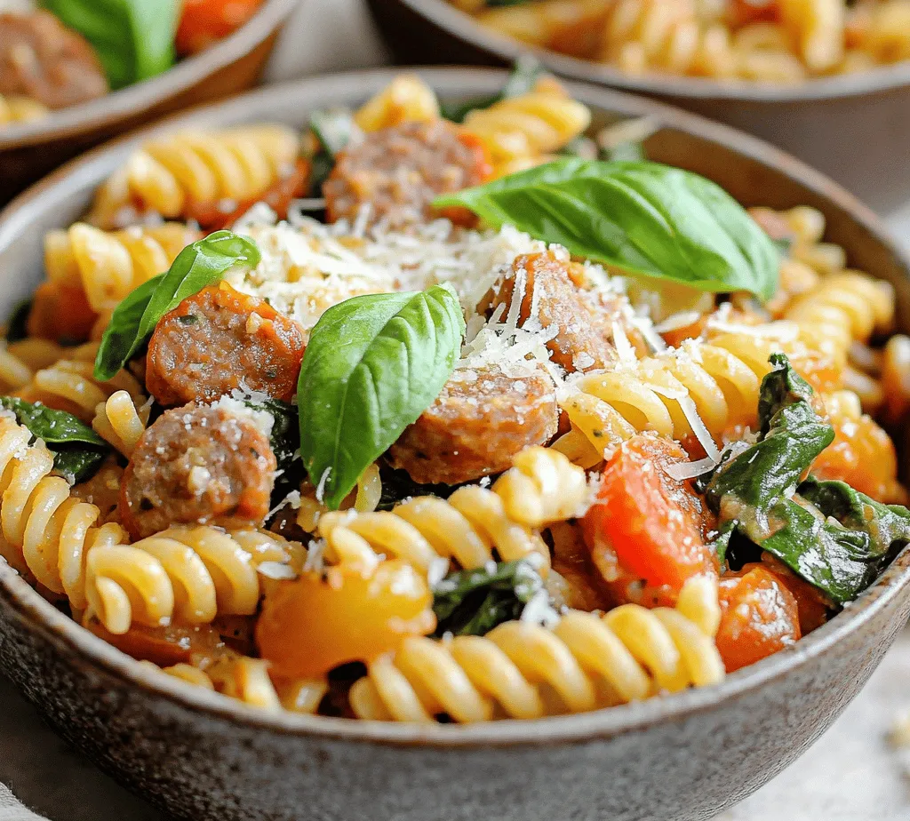 Pasta dishes have long held a cherished place in the hearts—and stomachs—of home cooks and food lovers alike. Their versatility, ease of preparation, and ability to accommodate a wide range of flavors make pasta a go-to option for both busy weeknights and festive gatherings. Among the myriad pasta recipes that grace our tables, <strong>Tomato Spinach Sausage Pasta</strong> stands out as a comforting and flavorful meal that brings together hearty ingredients in perfect harmony.” /></p>
</p>
<h3>How to Properly Incorporate Diced Tomatoes for Maximum Flavor</h3>
</p>
<p>Incorporating diced tomatoes into your Tomato Spinach Sausage Pasta is crucial for achieving a rich and savory sauce. The choice of tomatoes can greatly affect the overall flavor profile of your dish. Opt for high-quality canned tomatoes, such as San Marzano, known for their sweetness and low acidity. This will ensure that your sauce is flavorful and well-balanced.</p>
</p>
<p>When adding diced tomatoes to the pan, consider the timing. After browning your sausage and sautéing the onions and garlic, add the diced tomatoes and their juices. This allows the flavors to meld together while the tomatoes cook down, intensifying their sweetness. Remember to scrape the bottom of the pan with a wooden spoon to deglaze it, incorporating all the flavorful bits that cling to the surface.</p>
</p>
<p>Simmer the mixture for at least 15 to 20 minutes. This not only enhances the flavors but also helps to thicken the sauce, making it cling beautifully to the pasta. The longer you let it simmer, the more concentrated the flavors will become. Stir occasionally to prevent sticking and ensure even cooking.</p>
</p>
<h3>The Importance of Simmering and Its Effects on Sauce Consistency</h3>
</p>
<p>Simmering is a critical step in developing the sauce’s consistency. When you simmer the mixture, the moisture evaporates, thickening the sauce and allowing the flavors to deepen. A good simmer also encourages the ingredients to release their natural oils and juices, which contribute to a well-rounded taste.</p>
</p>
<p>For a thicker sauce, let the mixture simmer uncovered. If you prefer a lighter sauce, cover the pan to retain some moisture. Adjust the heat to maintain a gentle simmer; too high of a heat can cause the sauce to scorch, while too low can result in an underdeveloped flavor. Don’t be afraid to taste and adjust seasoning as it simmers, allowing you to hone in on the perfect balance of flavors.</p>
</p>
<h3>Incorporating Fresh Greens</h3>
</p>
<h4>Nutritional Benefits of Spinach</h4>
</p>
<p>Adding fresh spinach to your Tomato Spinach Sausage Pasta not only enhances its flavor but also boosts the dish’s nutritional profile. Spinach is rich in vitamins A, C, and K, as well as minerals like iron and calcium. It also contains antioxidants that help combat inflammation and promote overall health. Incorporating spinach into your pasta dish adds a pop of color and a wealth of nutrients, making it a heartier, more healthful meal.</p>
</p>
<h4>Techniques for Wilting Spinach Properly</h4>
</p>
<p>To maintain the vibrant green color and nutritional value of the spinach, it’s essential to wilt it properly. Add the spinach to the sauce during the last few minutes of cooking to prevent overcooking. Simply stir it in and let it cook until just wilted—this should take about 2 to 3 minutes. This technique ensures that the spinach retains its flavor, texture, and nutrients, while still integrating beautifully into the dish.</p>
</p>
<h4>Discussion on Seasoning and Balancing Flavors</h4>
</p>
<p>Seasoning is key to bringing all the flavors together in your Tomato Spinach Sausage Pasta. Dried oregano is a classic herb that complements the tomatoes and sausage perfectly, adding an earthy depth. A pinch of red pepper flakes can elevate the dish with a hint of heat, balancing the sweetness of the tomatoes and the richness of the sausage. Be sure to taste as you go, adjusting the seasoning to suit your personal preferences.</p>
</p>
<h3>Combining Ingredients for the Final Dish</h3>
</p>
<h4>Tips for Tossing Pasta with Sauce</h4>
</p>
<p>Once your sauce is ready and your pasta is cooked to al dente perfection, it’s time to combine the two. Before draining the pasta, reserve about a cup of the pasta cooking water. This starchy liquid is the secret to achieving a perfectly emulsified sauce.</p>
</p>
<p>When tossing the pasta with the sauce, start by adding the pasta directly into the pan with the sauce over medium heat. Use tongs to gently turn the pasta, allowing it to absorb the sauce. If the sauce looks too thick, add a splash of the reserved pasta water, a little at a time, until you reach your desired consistency. This method ensures that every strand of pasta is coated with rich sauce, creating a harmonious blend of flavors.</p>
</p>
<h4>The Final Touch: Folding in Parmesan Cheese</h4>
</p>
<p>To finish off your Tomato Spinach Sausage Pasta, fold in freshly grated Parmesan cheese. The cheese adds a creamy richness and depth, elevating the dish to new heights. As you mix in the cheese, the heat from the pasta will help it melt and integrate into the sauce, creating a luscious coating. For an extra touch, consider garnishing each serving with additional Parmesan and a drizzle of olive oil for added richness.</p>
</p>
<h3>Presentation and Serving Suggestions</h3>
</p>
<h4>Creative Ideas for Serving Tomato Spinach Sausage Pasta</h4>
</p>
<p>Presentation can enhance the dining experience, making your Tomato Spinach Sausage Pasta more appealing. Serve the pasta in large, shallow bowls to allow the vibrant colors to shine. You can also create individual portions in smaller bowls for an elegant touch.</p>
</p>
<p>To add an appealing visual element, consider layering the pasta with fresh spinach, then topping it off with the sauce and sausage. You could even add a sprinkle of lemon zest or a squeeze of lemon juice to brighten the dish, providing a lovely contrast to the rich flavors.</p>
</p>
<h4>Discuss the Visual Appeal of Garnishing with Fresh Basil and Olive Oil</h4>
</p>
<p>Garnishing your dish can elevate its appearance and flavor. Fresh basil leaves add a vibrant green hue and aromatic freshness that complements the pasta perfectly. You can either tear the leaves by hand or slice them into a chiffonade for a sophisticated presentation. A drizzle of high-quality extra virgin olive oil adds a glossy finish and enhances the overall flavor profile.</p>
</p>
<h4>Suggestions for Pairing with Sides or Beverages</h4>
</p>
<p>To round out your meal, consider serving a simple side salad dressed with a light vinaigrette. A mixed greens salad with cherry tomatoes, cucumbers, and a hint of red onion provides a refreshing contrast to the rich pasta. For beverages, a crisp white wine such as Pinot Grigio or a light red like Chianti pairs beautifully with the flavors of the dish. Alternatively, sparkling water with a slice of lemon can cleanse the palate and add a refreshing touch.</p>
</p>
<h3>Nutritional Information</h3>
</p>
<p>When preparing Tomato Spinach Sausage Pasta, it’s essential to understand its nutritional value. On average, a serving (about 1.5 cups) contains approximately:</p>
</p>
<p>– <strong>Calories</strong>: 450</p>
<p>– <strong>Fat</strong>: 15g (includes healthy fats from olive oil and cheese)</p>
<p>– <strong>Protein</strong>: 20g (thanks to the sausage and cheese)</p>
<p>– <strong>Carbohydrates</strong>: 50g (from the pasta and tomatoes)</p>
</p>
<p>The health benefits of this dish are remarkable, thanks to the wholesome ingredients. The combination of lean protein from the sausage, vitamins and minerals from the spinach, and antioxidants from the tomatoes contribute to a balanced meal.</p>
</p>
<h3>How This Dish Fits Into a Balanced Diet</h3>
</p>
<p>Tomato Spinach Sausage Pasta can easily fit into a balanced diet when enjoyed in moderation. By opting for whole-grain pasta, you can increase fiber intake, promoting digestion and providing sustained energy. Additionally, the incorporation of vegetables ensures that you’re getting essential nutrients, making this dish a satisfying yet health-conscious choice.</p>
</p>
<h3>Conclusion</h3>
</p>
<p>Tomato Spinach Sausage Pasta is a delightful dish that offers a perfect blend of flavors, textures, and nutritional benefits. Its vibrant colors and rich taste make it an appealing option for family dinners, casual gatherings, or even more formal occasions.</p>
</p>
<p>The versatility of this dish allows you to adapt it to various dietary preferences, whether by swapping sausage for a plant-based alternative or adjusting the seasoning to suit your taste. With its easy preparation and satisfying results, this pasta dish embodies the flavors of homemade Italian cuisine.</p>
</p>
<p>We encourage you to try this recipe and experience the joy of cooking. Whether you’re a seasoned chef or a novice in the kitchen, making Tomato Spinach Sausage Pasta is a rewarding endeavor that promises delicious results. Enjoy every bite and share the love of homemade cooking with your loved ones!</p>
</div>