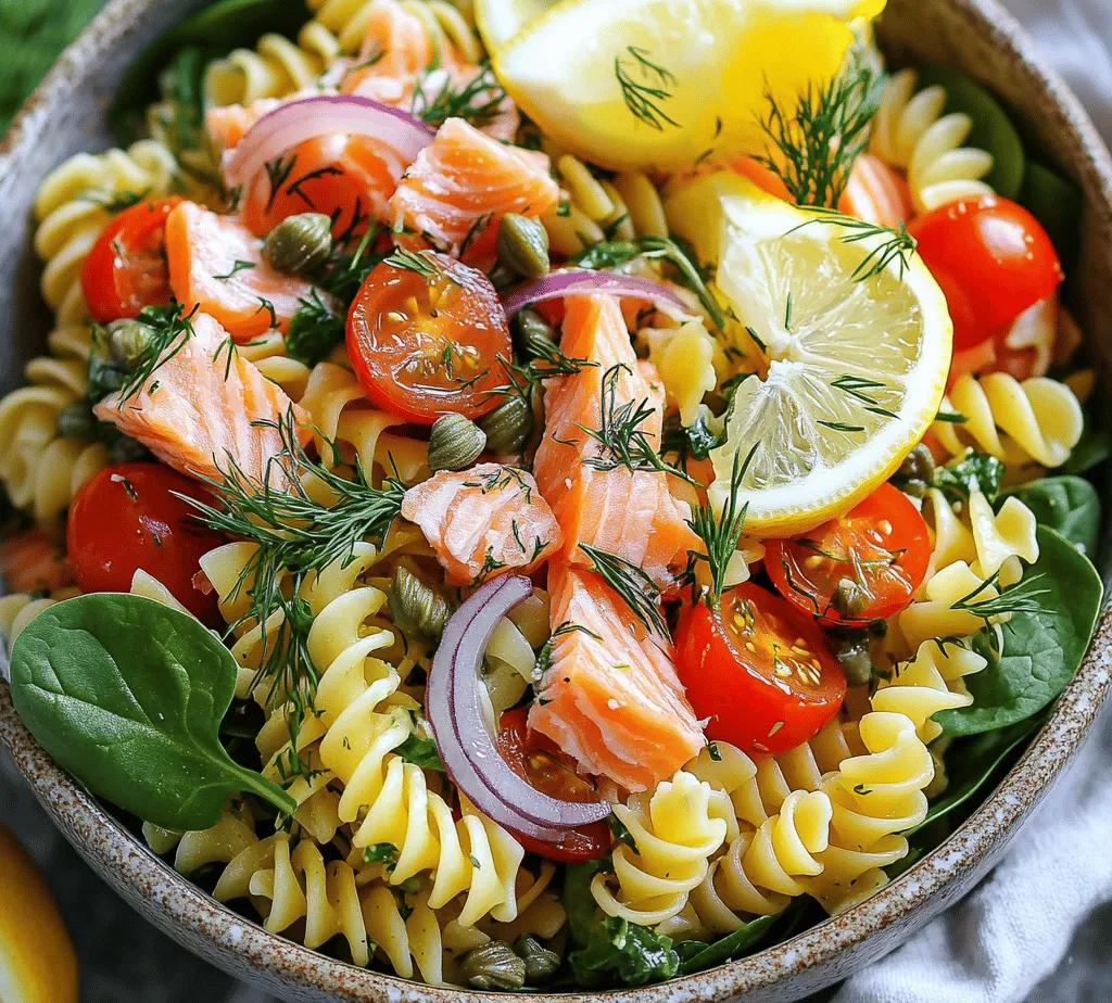 Pasta salads are a culinary canvas that celebrates vibrant flavors, fresh ingredients, and versatile pairings. Among the myriad of pasta salad options available, <strong>Smoked Salmon Delight Pasta Salad</strong> stands out as a sophisticated yet easy-to-make dish that can elevate any meal, whether it’s a casual picnic, a festive potluck, or a luxurious brunch. The appeal of this dish lies not only in its visual appeal, with colorful ingredients that entice the eye but also in the delightful combination of flavors and textures that delight the palate.” /></p>
</p>
<h3>Combining the Salad and Dressing</h3>
</p>
<p>Once your pasta is perfectly cooked and cooled, it’s time to bring all the components together to create your Smoked Salmon Delight Pasta Salad. Start by placing the cooled pasta into a large mixing bowl. Next, add in the chopped spinach, cherry tomatoes, diced smoked salmon, and red onion. These ingredients not only add vibrant colors but also contribute to the salad’s rich flavor profile.</p>
</p>
<p>For the dressing, whisk together the Greek yogurt, mayonnaise, lemon juice, Dijon mustard, and a pinch of salt and pepper in a separate bowl until smooth and creamy. This dressing serves as the binding agent that elevates the pasta salad. Pour the dressing over the pasta and other ingredients, ensuring an even coating. To achieve this, gently fold the salad with a spatula or large spoon, careful not to break up the smoked salmon too much. The goal is to ensure that every ingredient is evenly coated with the dressing, allowing the flavors to meld beautifully.</p>
</p>
<h3>Importance of Even Coating for Flavor Distribution</h3>
</p>
<p>Even coating is crucial in any salad, especially one as flavorful as the Smoked Salmon Delight Pasta Salad. An uneven distribution of dressing can lead to some bites being overly tangy while others may taste bland. By making sure each piece of pasta and vegetable is well-dressed, you’ll create a harmonious blend of flavors. The creamy dressing complements the smokiness of the salmon and the freshness of the vegetables, ensuring that every forkful is a delight.</p>
</p>
<h3>Adjusting Seasoning to Personal Taste</h3>
</p>
<p>After combining the salad and dressing, taste it and adjust the seasoning to your liking. Depending on your preferences, you may want to add a bit more salt, a dash of pepper, or an extra squeeze of lemon juice for brightness. This step is important because personal taste varies widely, and what might be perfect for one person could be slightly off for another. Remember, you can always add more seasoning, but you can’t take it away once it’s mixed in.</p>
</p>
<h3>Flavor Profile and Pairing Suggestions</h3>
</p>
<p>The Smoked Salmon Delight Pasta Salad is a symphony of flavors that balances creamy, tangy, and savory elements. The richness of the smoked salmon is beautifully complemented by the acidity of the lemon juice and the creaminess of the dressing. The fresh spinach and juicy cherry tomatoes add a burst of freshness, while the red onions provide a subtle crunch and sharpness.</p>
</p>
<h4>Ideal Pairings</h4>
</p>
<p>To elevate the experience of this pasta salad, consider pairing it with light appetizers or sides. A crisp green salad topped with a citrus vinaigrette can serve as a refreshing counterpart. For a more indulgent option, garlic bread or a selection of cheese and crackers can enhance the meal.</p>
</p>
<p>When it comes to beverages, a chilled glass of white wine, such as a Sauvignon Blanc or Pinot Grigio, works beautifully with the flavors. If you prefer non-alcoholic drinks, a sparkling lemon-lime soda or a refreshing iced tea can also complement the salad perfectly.</p>
</p>
<h3>Nutritional Analysis</h3>
</p>
<p>This pasta salad not only pleases the palate but also packs a nutritional punch. Each serving of the Smoked Salmon Delight Pasta Salad contains approximately 350-400 calories, depending on portion size and specific ingredients used. Here’s a quick breakdown of its nutritional content per serving:</p>
</p>
<p>– <strong>Protein</strong>: Approximately 20-25 grams, primarily from smoked salmon and Greek yogurt.</p>
<p>– <strong>Healthy Fats</strong>: About 15 grams, sourced from the salmon and any added oils in the dressing.</p>
<p>– <strong>Vitamins</strong>: Rich in vitamins A, C, and D, thanks to the spinach, tomatoes, and salmon.</p>
</p>
<h4>Health Benefits of the Ingredients</h4>
</p>
<p>Smoked salmon is renowned for its omega-3 fatty acids, which are beneficial for heart health and brain function. These essential fats help reduce inflammation and lower blood pressure. Spinach is a superfood loaded with iron, calcium, and antioxidants, while tomatoes provide vitamin C and lycopene, known for its cancer-fighting properties. The Greek yogurt in the dressing adds probiotics, which are excellent for gut health.</p>
</p>
<h3>Serving and Presentation Ideas</h3>
</p>
<p>Presentation can elevate your salad from ordinary to extraordinary. Consider garnishing your Smoked Salmon Delight Pasta Salad with fresh dill sprigs, which add a fragrant touch. Lemon wedges can provide a pop of color and allow guests to customize their acidity level. For an extra touch of elegance, you might even consider edible flowers for a stunning visual appeal.</p>
</p>
<p>When it comes to serving dishes, opt for wide, shallow bowls or platters that allow the vibrant colors of the salad to shine. A glass bowl can showcase the beautiful layers of pasta, vegetables, and smoked salmon, making it not just a meal but a centerpiece on your dining table.</p>
</p>
<h3>Storage and Shelf Life</h3>
</p>
<p>If you find yourself with leftovers or if you’re preparing this salad ahead of time, proper storage is key to maintaining freshness. To keep the salad from becoming soggy, store it in an airtight container in the refrigerator. Avoid adding the dressing until you’re ready to serve; this will help preserve the texture of the ingredients.</p>
</p>
<p>When stored correctly, the Smoked Salmon Delight Pasta Salad can last up to 3 days in the refrigerator. However, it’s best enjoyed within 24-48 hours for optimal flavor and freshness. Always check for any signs of spoilage before consuming leftovers.</p>
</p>
<h3>Conclusion</h3>
</p>
<p>The Smoked Salmon Delight Pasta Salad is not just a meal; it’s an experience packed with flavor, nutrition, and visual appeal. Its creamy, tangy dressing perfectly complements the smokiness of the salmon and the crunch of fresh vegetables, making it a delightful addition to any table.</p>
</p>
<p>Don’t hesitate to experiment with the ingredients based on your taste preferences or what you have on hand. Perhaps you’d like to add some capers for an extra briny kick or switch out the salmon for grilled chicken. The beauty of this salad lies in its versatility, inviting you to make it your own.</p>
</p>
<p>Creating and sharing homemade meals like this pasta salad brings joy not only to the cook but also to those who gather around the table to enjoy it. So, gather your ingredients, roll up your sleeves, and dive into the delightful world of cooking!</p>
</div>