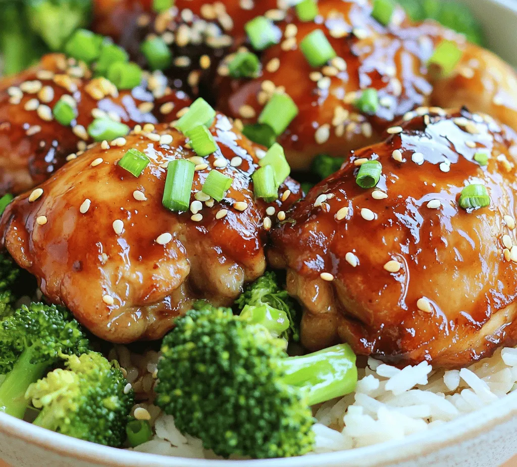 Rice bowls have become a staple in many households, celebrated for their versatility and nutritional benefits. They offer endless possibilities for customization, allowing you to mix and match ingredients to suit your family’s preferences. Among the many delightful variations of rice bowls, <strong>Sticky Chicken Rice Bowls</strong> stand out as a flavorful, easy-to-make dish that is perfect for busy weeknight dinners.” /></p>
</p>
<h3>Different Cooking Methods for Broccoli</h3>
</p>
<p>Broccoli is a nutrient-dense vegetable that complements the sticky chicken rice bowls beautifully. There are several methods to cook broccoli, including steaming, sautéing, roasting, and blanching. For this recipe, steaming is highly recommended for several reasons. Steaming retains the broccoli’s vibrant green color and crisp texture, ensuring that it does not become mushy. It also preserves essential vitamins and minerals that can be lost through other cooking methods.</p>
</p>
<p>To enhance the flavor of steamed broccoli, consider seasoning it with a pinch of salt, a splash of soy sauce, or a sprinkle of garlic powder. You could also add a squeeze of lemon juice or a dash of sesame oil just before serving to elevate its taste profile. These simple enhancements make the broccoli not just a side but a delightful component of your rice bowl.</p>
</p>
<h3>Cooking the Chicken</h3>
</p>
<p>Cooking the marinated chicken thighs is a critical step that will determine the overall flavor of your sticky chicken rice bowls. Start by preheating a skillet over medium-high heat. While the skillet heats, remove the chicken thighs from the marinade, letting any excess liquid drip off. This step is essential as it prevents the chicken from steaming instead of searing.</p>
</p>
<p>1. <strong>Sear the Chicken</strong>: Once the skillet is hot, add a small amount of oil, ensuring it coats the bottom evenly. Carefully place the chicken thighs in the skillet, making sure not to overcrowd the pan. Searing the chicken at high heat develops a caramelized crust, adding depth to the flavor. Cook for about 5-7 minutes on one side without moving them to achieve a good sear.</p>
</p>
<p>2. <strong>Flip and Finish Cooking</strong>: After a golden crust has formed, flip the chicken thighs and reduce the heat to medium. Continue to cook for another 5-7 minutes or until the internal temperature reaches 165°F (75°C). Using a meat thermometer ensures the chicken is properly cooked while remaining juicy.</p>
</p>
<p>3. <strong>Resting the Chicken</strong>: Once cooked, transfer the chicken to a plate and let it rest for about 5 minutes. Resting allows the juices to redistribute throughout the meat, preventing dryness.</p>
</p>
<p>4. <strong>Using the Reserved Marinade</strong>: While the chicken rests, return the reserved marinade to the skillet and bring it to a simmer. This will not only thicken the sauce but also infuse it with the flavors from the pan drippings. After simmering for 2-3 minutes, drizzle this sauce over the sliced chicken just before serving.</p>
</p>
<h3>Assembling the Rice Bowls</h3>
</p>
<p>The assembly of the rice bowls is where creativity shines. Start with a base of fluffy white or brown rice, which will act as the canvas for the other ingredients. Here’s how to layer your rice bowl for optimal flavor and texture:</p>
</p>
<p>1. <strong>Layering the Base</strong>: Spoon a generous portion of rice into a bowl. The rice should ideally be warm and slightly sticky to help hold the toppings in place.</p>
</p>
<p>2. <strong>Add the Chicken</strong>: Slice the rested chicken thighs against the grain into strips and arrange them artfully on top of the rice. This presentation not only looks appealing but also allows each bite to have the perfect amount of chicken.</p>
</p>
<p>3. <strong>Incorporate Broccoli</strong>: Add the steamed broccoli next to the chicken. The vibrant green color will contrast beautifully against the rice and chicken, making the dish visually appealing.</p>
</p>
<p>4. <strong>Toppings and Variations</strong>: Consider adding additional toppings such as sliced avocado, shredded carrots, or pickled ginger for an extra flavor boost. You can also substitute the chicken with tofu or shrimp for a different protein option.</p>
</p>
<h3>Garnishing the Bowls</h3>
</p>
<p>Garnishes play a significant role in elevating both the flavor and appearance of your sticky chicken rice bowls. Here are the garnishes used in this recipe:</p>
</p>
<p>– <strong>Sesame Seeds</strong>: Toasted sesame seeds add a nutty flavor and a delightful crunch.</p>
<p>– <strong>Green Onions</strong>: Thinly sliced green onions provide freshness and a mild onion flavor that complements the dish perfectly.</p>
<p>– <strong>Cilantro</strong>: Fresh cilantro adds brightness and can balance out the rich flavors of the chicken and sauce.</p>
</p>
<p>For those looking to personalize their dish, consider alternative garnishes such as crushed peanuts for extra crunch, a drizzle of sriracha for heat, or a sprinkle of chili flakes for a spicy kick. Each of these garnishes can enhance the overall profile of the dish, making it a reflection of your personal taste.</p>
</p>
<h3>Nutritional Information and Benefits</h3>
</p>
<p>Sticky chicken rice bowls are not just delicious; they also offer a balanced nutritional profile. Here’s a breakdown of the key components:</p>
</p>
<p>– <strong>Chicken</strong>: A great source of lean protein, chicken helps in muscle repair and maintenance. It also contains essential vitamins and minerals like B vitamins and iron.</p>
<p>– <strong>Rice</strong>: Whether you opt for white or brown rice, it provides carbohydrates for energy. Brown rice, in particular, is a whole grain that offers more fiber, promoting digestive health.</p>
<p>– <strong>Broccoli</strong>: Packed with vitamins C and K, fiber, and antioxidants, broccoli contributes to overall health and can aid in reducing inflammation.</p>
</p>
<p>Portion control is essential for maintaining a balanced diet. This recipe is versatile, allowing you to adjust the serving size according to your dietary needs. Consider pairing the rice bowl with a side salad or steamed vegetables for a complete meal.</p>
</p>
<h3>Conclusion</h3>
</p>
<p>In summary, the sticky chicken rice bowls offer a delightful combination of flavors, textures, and colors that can brighten any meal. The versatility of the dish allows for experimentation with various proteins, vegetables, and garnishes, making it suitable for different dietary preferences and occasions.</p>
</p>
<p>Whether you are preparing a weeknight dinner or hosting friends for a casual gathering, this recipe is sure to impress. The joy of cooking and sharing meals with loved ones is what truly makes this dish special. So gather your ingredients, unleash your creativity, and enjoy the satisfaction of serving a homemade meal that everyone will love.</p>
</div>