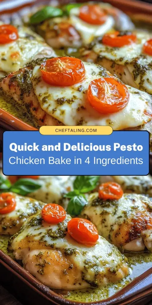 Looking for a quick and flavorful dinner option? Try this Easy 4 Ingredient Pesto Chicken Bake! With just chicken thighs, pesto, cherry tomatoes, and mozzarella, you can create a delicious meal in no time. The chicken stays juicy while the pesto and tomatoes add vibrant flavors. Perfect for busy weeknights or gatherings, this dish is a guaranteed hit. Check it out now! #PestoChicken #EasyRecipes #DinnerIdeas #QuickMeals #YummyRecipes #FamilyDinner #OnePanWonder