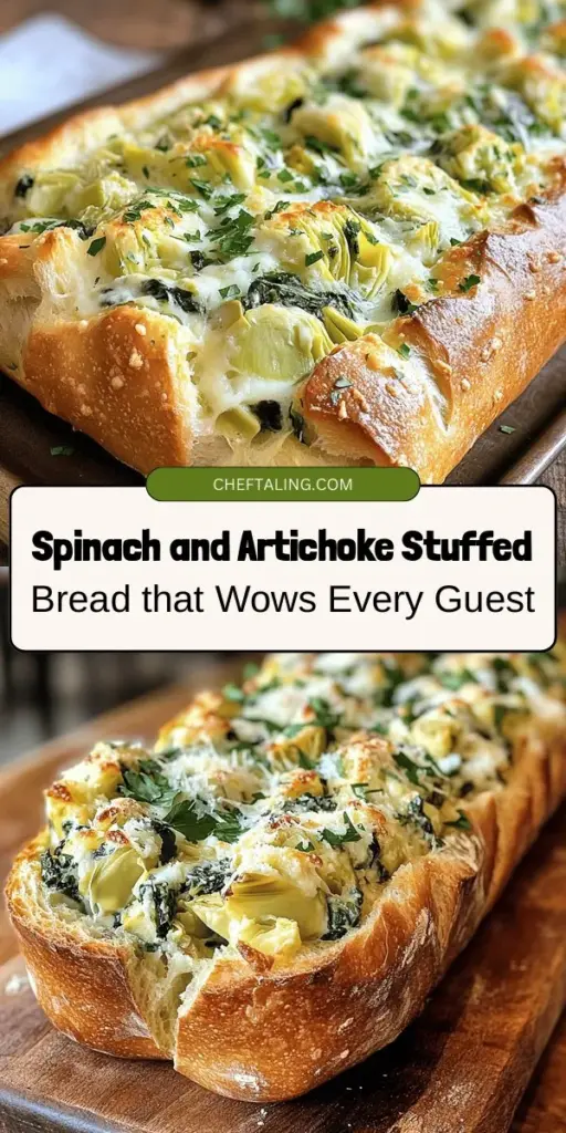 Discover the mouthwatering delight of Spinach and Artichoke Stuffed Bread! This recipe transforms a simple loaf into a creamy, savory treat filled with fresh spinach, tangy artichokes, and melty cheese, all encased in a golden crust. Perfect for parties, gatherings, or cozy dinners, this stuffed bread is a crowd-pleaser. Serve it with your favorite dips and watch everyone come back for seconds! #StuffedBread #SpinachArtichoke #AppetizerIdeas #ComfortFood #PartyFood #HomemadeGoodness #Yummy