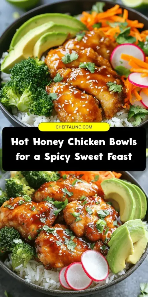 Discover the delicious world of Hot Honey Chicken Bowls! This vibrant dish combines juicy chicken thighs, a zesty hot honey sauce, and fresh veggies for a balanced meal packed with flavor and nutrition. Perfect for weeknight dinners or meal prep, it's easy to customize to suit your taste. Satisfy your cravings and bring excitement to your table with this culinary delight! #HotHoneyChicken #MealPrep #HealthyEating #DinnerIdeas #Foodie #HomeCooking #Bowls #FlavorfulFood