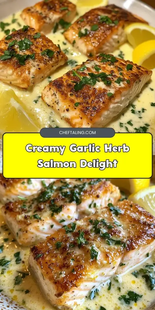 Indulge in the rich flavors of Creamy Herb Garlic Salmon, a recipe that combines tender salmon with a velvety herb-infused sauce. This dish is perfect for any occasion, offering a delightful taste experience along with numerous health benefits from the omega-3s in salmon and the antioxidants in fresh herbs. Enjoy a gourmet meal that's easy to prepare! #SalmonRecipe #HealthyEating #DinnerIdeas #CreamySauce #EasyMeals #Foodie #DeliciousDish