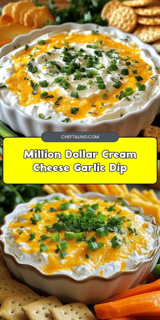 Discover the ultimate crowd-pleaser with Million Dollar Cream Cheese Garlic Dip! This creamy, flavor-packed dip is perfect for any gathering, pairing beautifully with crunchy veggies, chips, and more. Made with cream cheese, sour cream, cheddar, and a hint of garlic, it's easy to whip up and sure to impress your guests. Elevate your next party with this delicious dip that everyone will be talking about! #CreamCheeseDip #PartyFood #GameDaySnacks #EasyRecipes #GarlicLovers