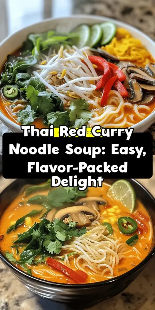 Discover the vibrant flavors of Thai Red Curry Noodle Soup with this easy-to-follow recipe! Perfect for busy weeknights or impressing guests, this dish comes together in under 30 minutes. It's creamy, spicy, and can be customized for any dietary preference. With key ingredients like red curry paste and coconut milk, this soup not only warms the soul but is also packed with nutrition. Try it today and bring a taste of Thailand to your kitchen! #ThaiCuisine #NoodleSoup #EasyRecipes #ComfortFood #HealthyEating #CookingAtHome #SpicyFood