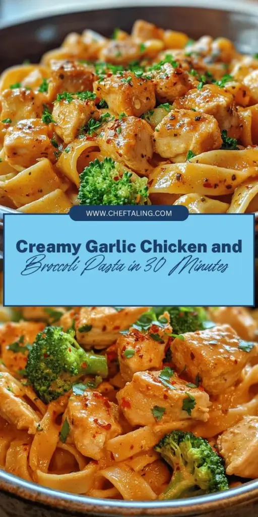 Discover the joy of cooking with this Creamy Garlic Chicken and Broccoli Pasta! Whip up a delicious, nutritious meal in under 30 minutes, perfect for busy weeknights or entertaining guests. This creamy dish combines tender chicken, vibrant broccoli, and your choice of pasta, all enveloped in a rich garlic cream sauce. It's a versatile recipe that will impress everyone at the table. Try it tonight! #Pasta #DinnerInspiration #ComfortFood #RecipeIdeas #Foodie