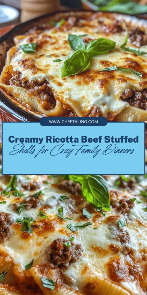 Indulge in the comforting flavors of creamy ricotta beef stuffed shells! This easy recipe combines tender jumbo pasta filled with a savory beef and ricotta mixture, all topped with marinara and melted cheese. Perfect for family dinners or gatherings, it's a dish that satisfies everyone. Discover how to make this delicious meal a staple in your kitchen! #PastaRecipe #ComfortFood #ItalianCuisine #FamilyDinner #RicottaStuffedShells #YummyRecipes #HomeCooking