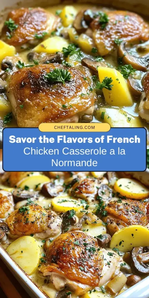 Discover the deliciousness of French Chicken Casserole a la Normande! This hearty dish blends tender chicken, earthy mushrooms, sweet apples, and a creamy sauce, encapsulating the essence of Normandy's rich culinary heritage. Perfect for family dinners or special gatherings, it’s a flavorful celebration that will impress everyone at your table. Try your hand at this comforting recipe and bring a taste of France to your kitchen! #FrenchChickenCasserole #Normandy #ComfortFood #CookingAtHome #CulinaryAdventure #FrenchCuisine #RecipeIdeas #HomeCooking