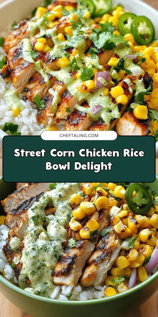 Savor the deliciousness of this Street Corn Chicken Rice Bowl, a vibrant and hearty dish that brings the flavors of Mexican street corn to your home! Loaded with marinated chicken, grilled corn, fluffy rice, and a creamy sauce, this recipe is perfect for any occasion. Customize it to your taste with various toppings like avocado or jalapeños. Ready to impress your family and friends? Try it today! #StreetCorn #ChickenRiceBowl #Elote #MexicanFood #HomeCooking #QuickMeals #DeliciousRecipes #ComfortFood