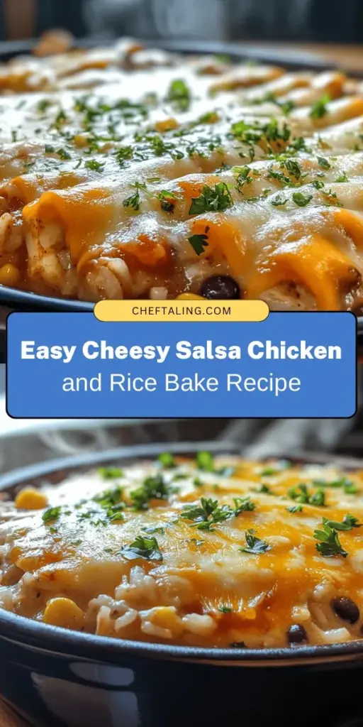 Looking for a comforting and delicious meal that’s easy to prepare? Try this Cheesy Salsa Chicken and Rice Bake! Packed with flavors from tender chicken, zesty salsa, creamy cheese, and hearty rice, it's the ultimate one-dish dinner. Perfect for busy weeknights or family gatherings, and highly customizable to suit your preferences. Check out this recipe for a nourishing and satisfying dinner! #ComfortFood #ChickenRecipe #EasyDinner #Casserole #FamilyMeals #Foodie #Yummy