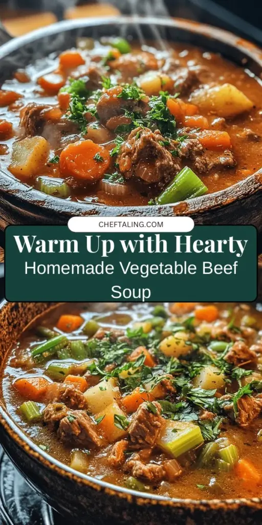 Warm up with the ultimate comfort food—Hearty Homemade Vegetable Beef Soup! This nutritious dish features tender beef, a medley of fresh veggies, and aromatic herbs, making it perfect for chilly days or family gatherings. With endless customization options, it's healthy and satisfying for everyone. Dive into the cooking process and fill your home with delightful aromas. Discover the joy of this classic recipe that nourishes both body and soul! #VegetableBeefSoup #ComfortFood #HomeCooking #HealthyRecipes #FallCooking #MealPrep #FamilyDinner