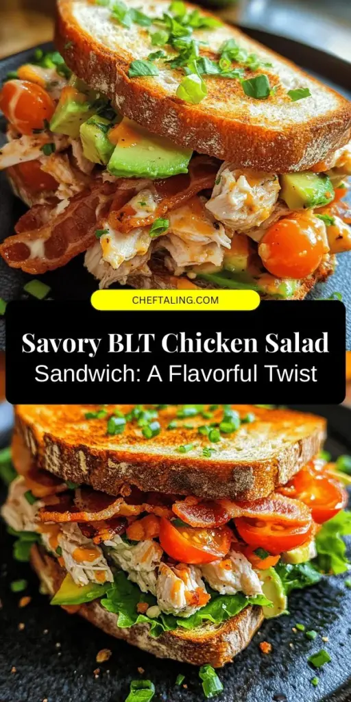 Discover a delicious twist on a classic favorite with this Savory BLT Chicken Salad Sandwich! Combining the beloved flavors of bacon, lettuce, and tomato with tender chicken and creamy avocado, this sandwich is perfect for lunch or a picnic. Packed with fresh ingredients and loaded with flavor, it’s quick to prepare and ideal for busy families. Customize it with your choice of bread and toppings for a satisfying meal. #BLT #ChickenSaladSandwich #HealthyEating #EasyRecipes #SandwichIdeas