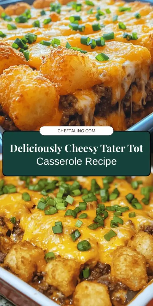 Discover the warmth and comfort of Cheesy Tater Tot Delight, a crowd-pleasing casserole perfect for family dinners or cozy nights in. With layers of savory ground meat, aromatic veggies, and a crispy tater tot topping, this hearty dish will satisfy everyone. It's easy to customize and offers a delicious blend of flavors with minimal cleanup. Dive into this creamy, cheesy delight and create a memorable meal today! #Casserole #ComfortFood #TaterTots #CheesyRecipes #FamilyDinner #EasyRecipes #HomeCookedMeals