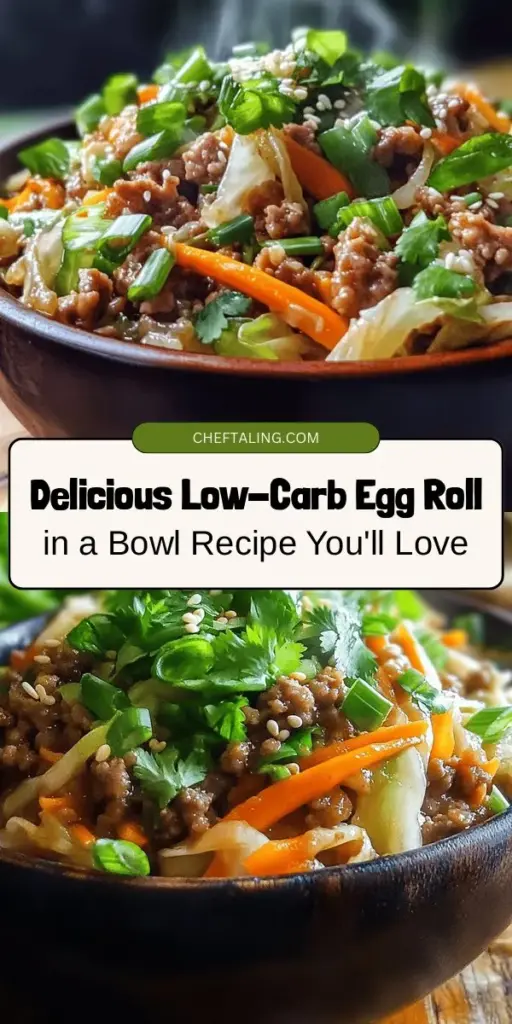 Discover the delicious world of low-carb cooking with this Low-Carb Egg Roll in a Bowl recipe! Experience all the savory flavors of traditional egg rolls without the guilt of high carbs. Packed with vibrant veggies, protein, and aromatic seasonings, this colorful dish is quick to make and fully customizable. Perfect for busy nights, it's not just healthy but also incredibly satisfying. Try it out today! #LowCarb #HealthyRecipes #EggRollInABowl #MealPrep #KetoDiet #QuickMeals #CleanEating