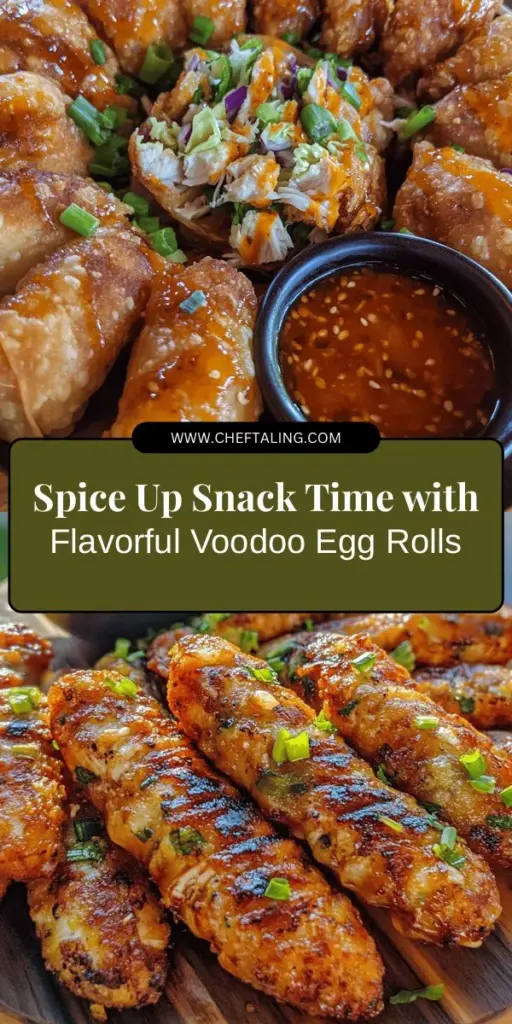 Discover the bold flavors of Voodoo Egg Rolls! This delicious twist on a classic snack combines spicy fillings with a crispy exterior, perfect for any gathering or family dinner. With ingredients like shredded chicken or shrimp, fresh vegetables, and a special blend of seasonings, these egg rolls are sure to impress. Serve with sweet chili sauce for a delightful dipping experience. Get ready to spice up your snack game! #VoodooEggRolls #FusionCuisine #SpicySnack #Appetizers #FoodieFun