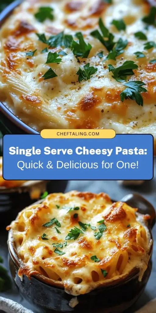 Satisfy your cravings with this Single Serve Cheesy Pasta Delight! Perfect for busy days, this quick and easy dish combines your choice of pasta with creamy, rich cheese for a satisfying meal in under 20 minutes. It's customizable for any dietary preference, allowing you to mix and match ingredients. Add veggies, proteins, or different cheeses to make it your own. Enjoy the convenience and deliciousness! #CheesyPasta #QuickMeals #SingleServe #PastaLovers #EasyDinner #ComfortFood