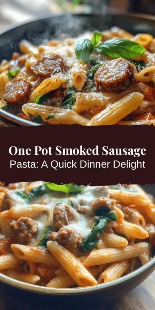 Discover the perfect weeknight meal with Smoky Delight: One Pot Smoked Sausage Pasta! This delicious, comforting dish combines smoky sausage, vibrant veggies, and creamy pasta in just one pot, making it a fuss-free cooking experience. It’s easy to customize for varied diets and ideal for meal prep. Enjoy rich flavors and quick cleanup in one satisfying bowl. Try it tonight! #OnePotMeal #SmokedSausagePasta #EasyCooking #ComfortFood #DinnerIdeas #MealPrep #PastaLovers