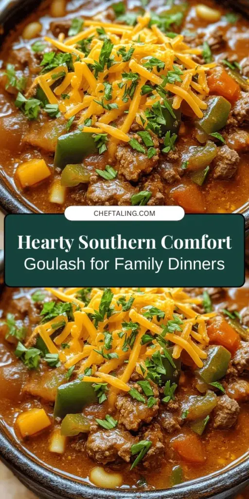 Discover the delicious warmth of Southern Comfort Goulash, a one-pot meal that embodies Southern hospitality. This hearty dish combines ground beef, pasta, and vibrant veggies, simmered to perfection in just 30 minutes. It's versatile, easy to customize, and perfect for busy weeknights or family gatherings. Delight your taste buds with every bite, topped with gooey cheddar cheese and fresh parsley. Try it today! #SouthernComfortGoulash #ComfortFood #HeartyMeals #FamilyRecipes #OnePotRecipe