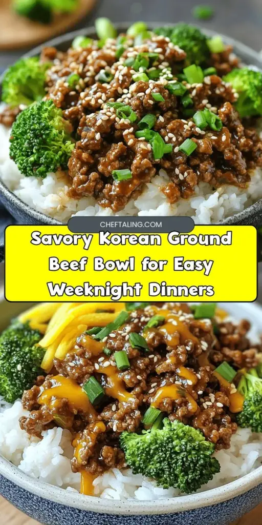Discover the rich flavors of Korea with this Savory Korean Ground Beef Bowl! Perfect for a quick weeknight dinner, this dish combines ground beef, garlic, ginger, and a savory gochujang sauce over a bed of rice. Bursting with umami and warmth, it’s a delightful way to introduce your family to Korean cuisine. Plus, it's easy to customize for dietary preferences! Try it tonight for a flavorful experience. #KoreanCuisine #GroundBeefBowl #ComfortFood #EasyDinner #Foodie #RecipeIdeas #DinnerInspiration #FamilyMeals