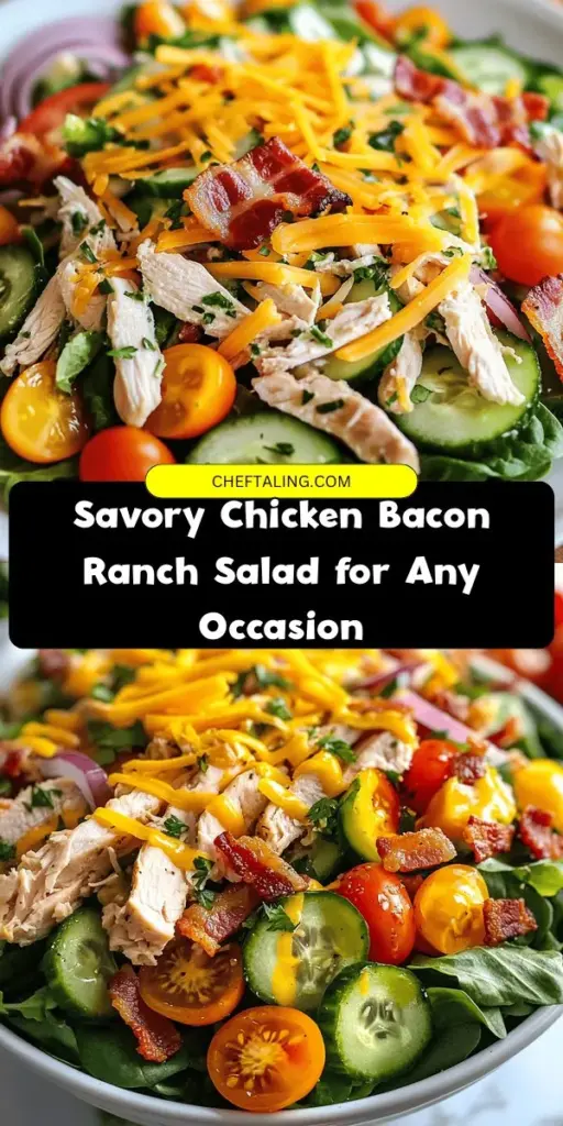 Experience the deliciousness of a Savory Chicken Bacon Ranch Salad! This dish combines tender grilled chicken, crispy bacon, fresh mixed greens, and a creamy ranch dressing for a meal that’s both nutritious and satisfying. Perfect for weeknight dinners or special occasions, this salad is sure to impress with its vibrant colors and rich flavors. Try it today and enjoy a wholesome meal that delights! #SaladRecipes #HealthyEating #ChickenSalad #Foodie #RanchDressing #QuickMeals #DinnerIdeas