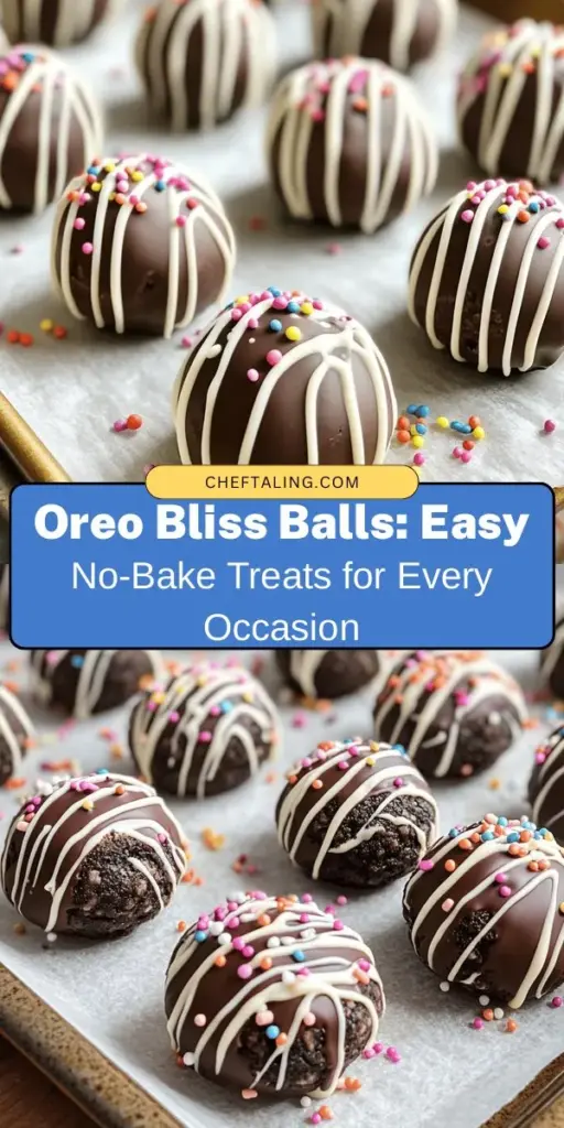 Indulge in the sweetness of Oreo Bliss Balls, a deliciously easy no-bake treat perfect for any occasion! Made with simple ingredients like crushed Oreos, cream cheese, and a choice of chocolate coatings, these bite-sized snacks are a delightful combination of creamy, crunchy, and sweet. Customize them with fun garnishes for a festive touch! Discover the joy of creating this irresistible dessert! #OreoBlissBalls #NoBakeTreat #DessertLovers #SweetTreats #EasyRecipes