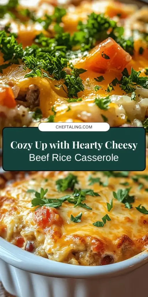 Warm up your nights with a delicious Hearty Cheesy Beef Rice Casserole, the ultimate comfort food! This one-dish wonder combines savory ground beef, fluffy rice, and a melty blend of cheeses infused with aromatic spices, making it perfect for family gatherings or cozy dinners. Easy to prepare, nutritious, and oh-so-satisfying, it's sure to become a staple in your kitchen. Dive into this comfort food delight! #ComfortFood #Casserole #BeefRiceCasserole #DinnerIdeas #CozyNights #EasyRecipes #CheesyGoodness