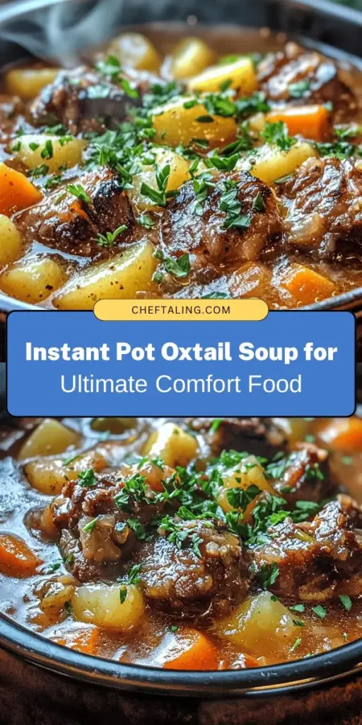 Discover the comforting flavors of Hearty Instant Pot Oxtail Soup, a delightful twist on a classic dish. This recipe highlights the rich taste of oxtail, known for its melt-in-your-mouth texture, while the Instant Pot makes cooking quick and easy. Perfect for chilly nights or cozy gatherings, this soup is filled with aromatic vegetables and a savory broth. Don’t miss out on this delicious comfort food experience! #OxtailSoup #InstantPot #ComfortFood #HomeCooking #RecipeIdeas #Foodie