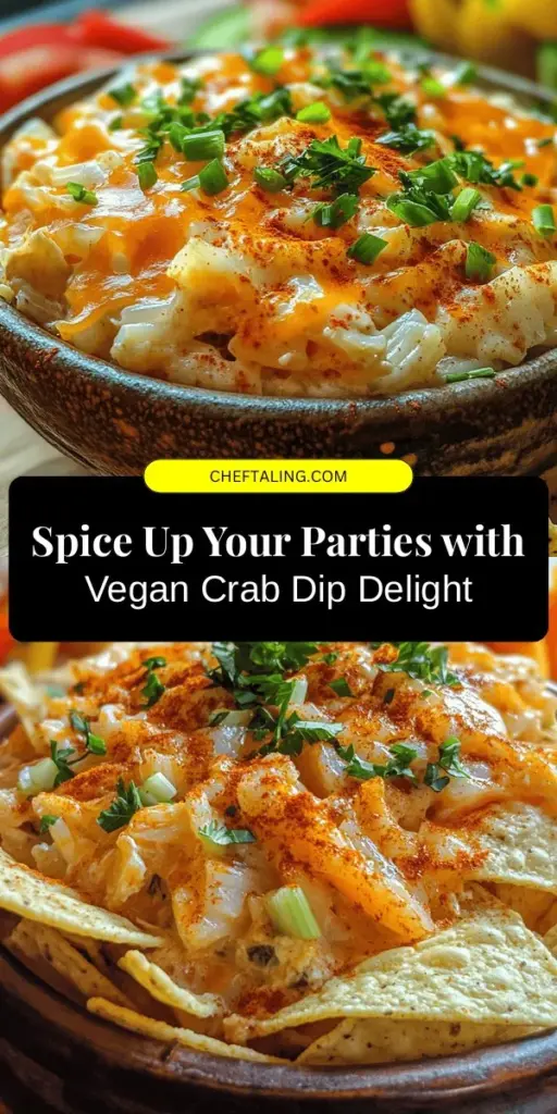 Looking for a delicious plant-based appetizer? Try this Vegan Spicy Crab Dip, a creamy and flavorful alternative that's perfect for any gathering! Made with hearts of palm and chickpeas, it offers a rich texture and a spicy kick that will impress both vegans and seafood lovers. Serve it with crispy crackers or fresh veggies for a delightful snack. Explore plant-based dining without sacrificing taste! #VeganRecipes #SpicyCrabDip #PlantBased #HealthyEating #Appetizers