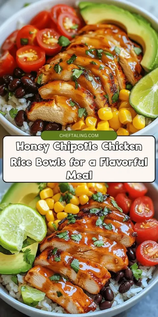 Get ready to savor the incredible flavors of Honey Chipotle Chicken Rice Bowls! This mouthwatering dish features marinated chicken infused with sweet honey and smoky chipotle, served over a bed of fluffy rice and topped with vibrant veggies like corn, avocado, and black beans. Perfect for busy weeknights or meal prep, it's both healthy and delicious. Try this versatile recipe and enjoy a satisfying meal any day of the week! #HoneyChipotle #RiceBowl #HealthyEating #MealPrep #DinnerIdeas #ChickenRecipes #DeliciousMeals