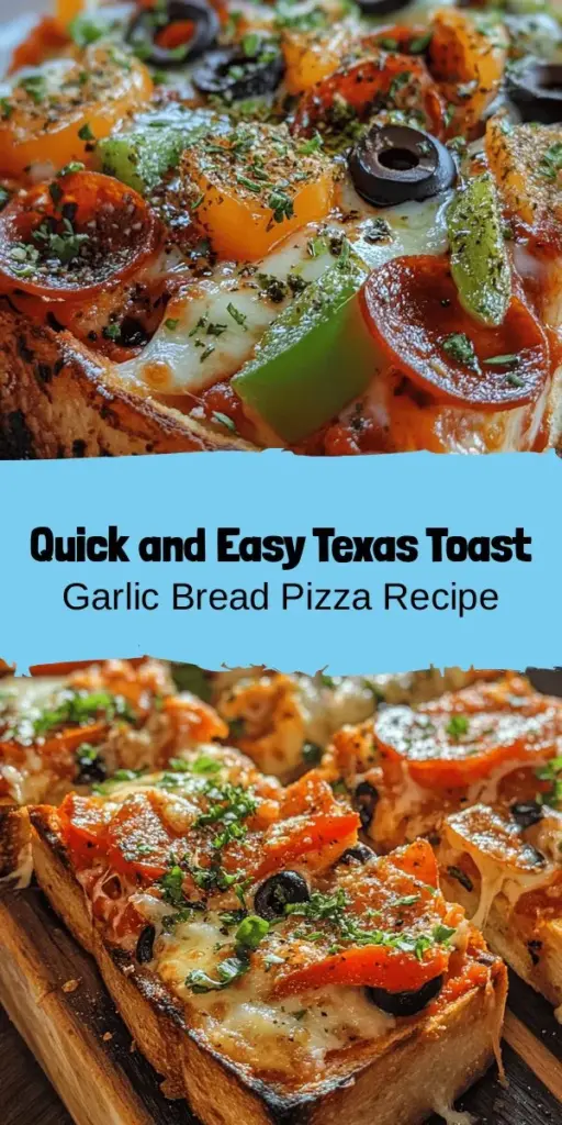 Looking for a quick and delicious meal? Try Texas Toast Garlic Bread Pizza! This mouthwatering dish combines crispy garlic toast with all your favorite pizza toppings for a satisfying twist on a classic favorite. Easy to customize for meat lovers and vegetarians alike, it’s perfect for busy nights or gatherings. Gather your ingredients and whip up this delightful pizza that everyone will love! #TexasToastPizza #GarlicBread #QuickMeals #FamilyDinner #PizzaNight