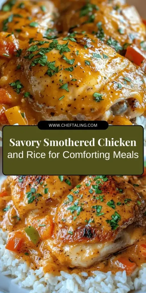 Indulge in the warmth of Savory Smothered Chicken & Rice Delight, a comfort food classic that brings families together. This easy-to-make dish features tender chicken thighs, fluffy rice, and a creamy sauce, all infused with aromatic vegetables and spices. Perfect for any occasion, it's not just about taste but also about the love shared at the dinner table. Try this comforting recipe today! #ComfortFood #SavoryDelights #FamilyMeals #EasyRecipes #ChickenAndRice #HomeCooking