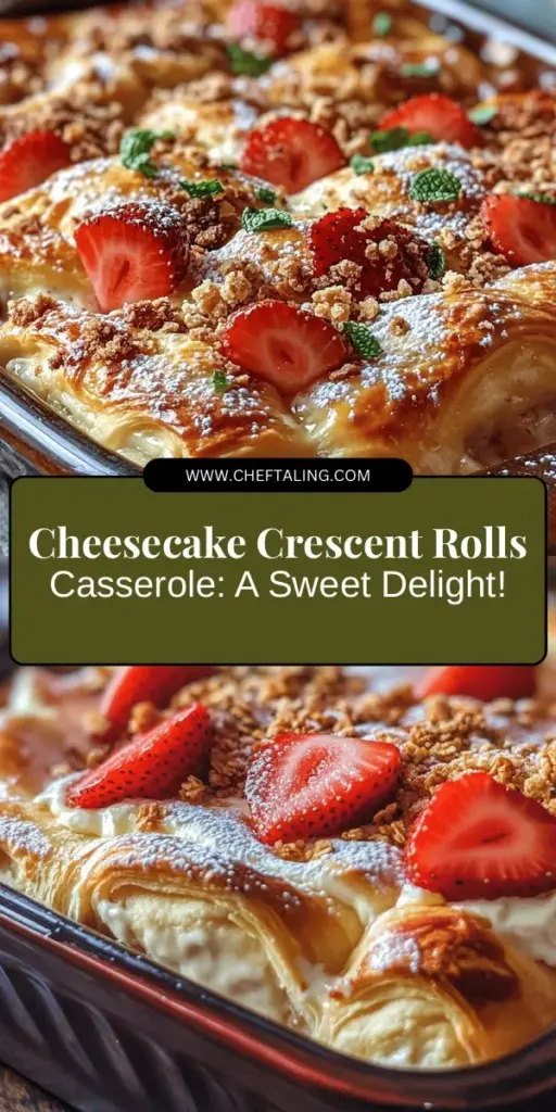 Treat yourself to a deliciously innovative Cheesecake Crescent Rolls Casserole! This simple yet delightful dish combines rich cheesecake flavors with flaky crescent roll dough, perfect for brunch, dessert, or special occasions. Customize with your favorite fruits and toppings for a unique twist that everyone will love. Easy to prepare and perfect for any gathering! #Casserole #Cheesecake #BrunchIdeas #Baking #DessertRecipes #EasyRecipes #DeliciousTreats #ComfortFood