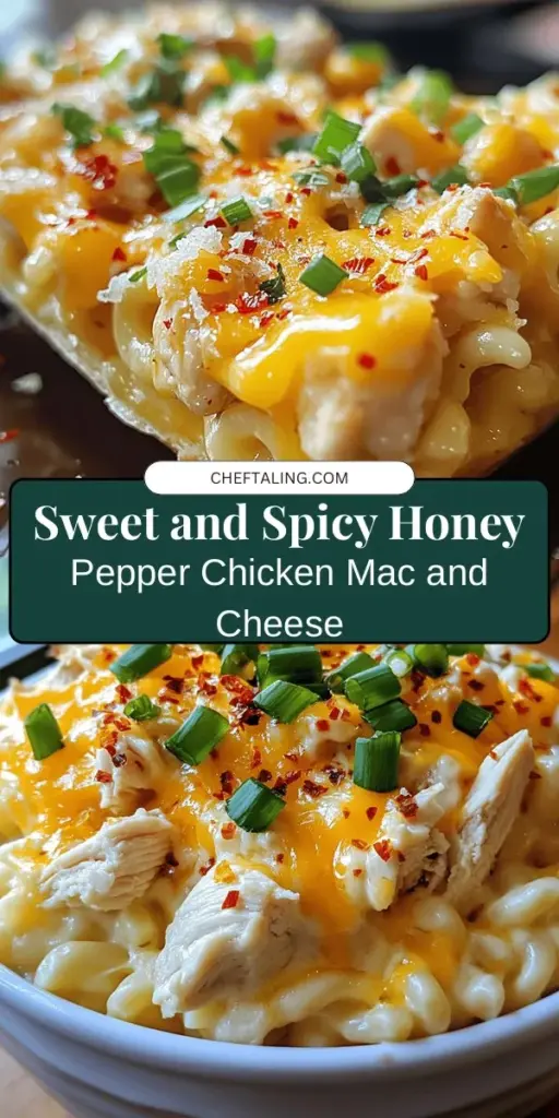 Elevate your comfort food game with this Honey Pepper Chicken Mac and Cheese recipe! Experience the delicious fusion of creamy cheese, sweet honey-glazed chicken, and a hint of spice that makes every bite a delight. Perfect for family dinners, gatherings, or cozy nights in, this dish combines beloved flavors with a tantalizing twist. Try it today for a memorable meal that everyone will love! #MacAndCheese #ComfortFood #Recipe #ChickenDinner #Foodie #HomeCooking