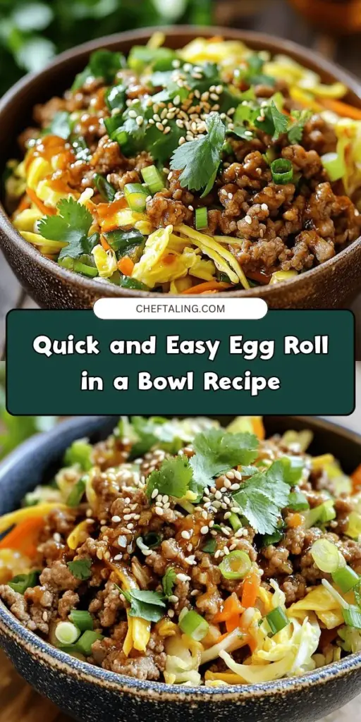 Looking for a quick and tasty dinner? Try this delicious Egg Roll in a Bowl recipe! Packed with savory ground meat, crunchy vegetables, and aromatic seasonings, it's a healthier take on the classic egg roll - without the frying hassle. Perfect for busy weeknights, this dish can be ready in under 30 minutes and is fully customizable to suit your taste. Enjoy all the flavors you love in a fraction of the time! #EggRollInABowl #HealthyCooking #QuickRecipes #MealPrep #EasyDinnerIdeas #AsianCuisine