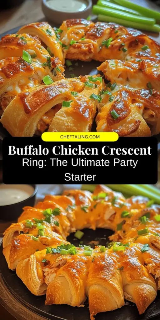 Get ready to impress at your next gathering with the Buffalo Chicken Crescent Ring! This delicious twist on classic buffalo chicken combines tender shredded chicken, spicy buffalo sauce, and creamy cheeses, all wrapped in flaky crescent dough. Perfect for parties or game days, this dish not only looks stunning but also packs a flavorful punch. Customize it with extra heat, veggie options, and cheese varieties for a meal that caters to everyone! #BuffaloChicken #CrescentRing #PartyFood #GameDayEats #ComfortFood #CookingAtHome