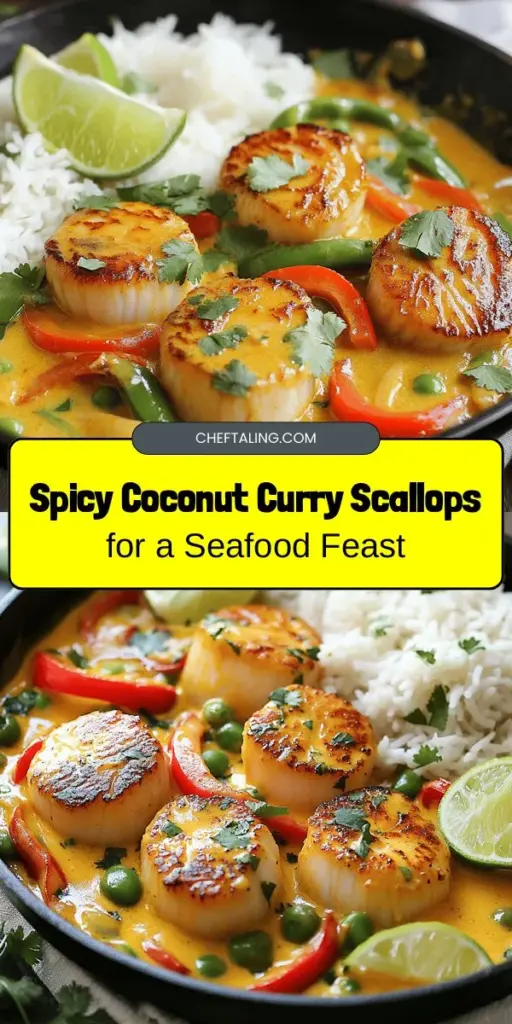 Discover the mouthwatering flavors of Spicy Coconut Curry Scallops! This dish features tender scallops enveloped in a rich coconut curry sauce, perfectly balanced with vibrant vegetables like bell peppers and snap peas. It's a healthy, low-calorie option that’s as visually stunning as it is delicious. Perfect for casual dinners or special occasions, elevate your seafood game with this exotic recipe. #SeafoodRecipe #CoconutCurry #HealthyEating #Scallops #DinnerIdeas #Foodie