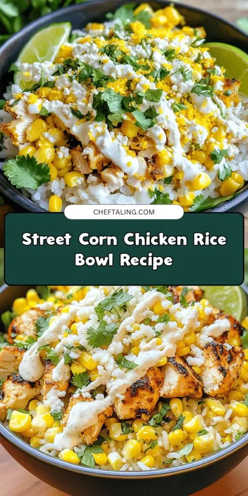 Discover the deliciousness of a Street Corn Chicken Rice Bowl! This vibrant dish combines tender rice, marinated chicken, and the fresh flavors of grilled street corn, all topped with a zesty lime mayonnaise. Perfect for weeknight dinners or meal prepping, it's easy to make with simple ingredients. Dive into this flavorful fusion that celebrates street food culture while offering a satisfying and nutritious meal. Try it today! #StreetCorn #ChickenRiceBowl #HealthyEating #ComfortFood #MealPrep #EasyRecipes #Foodie