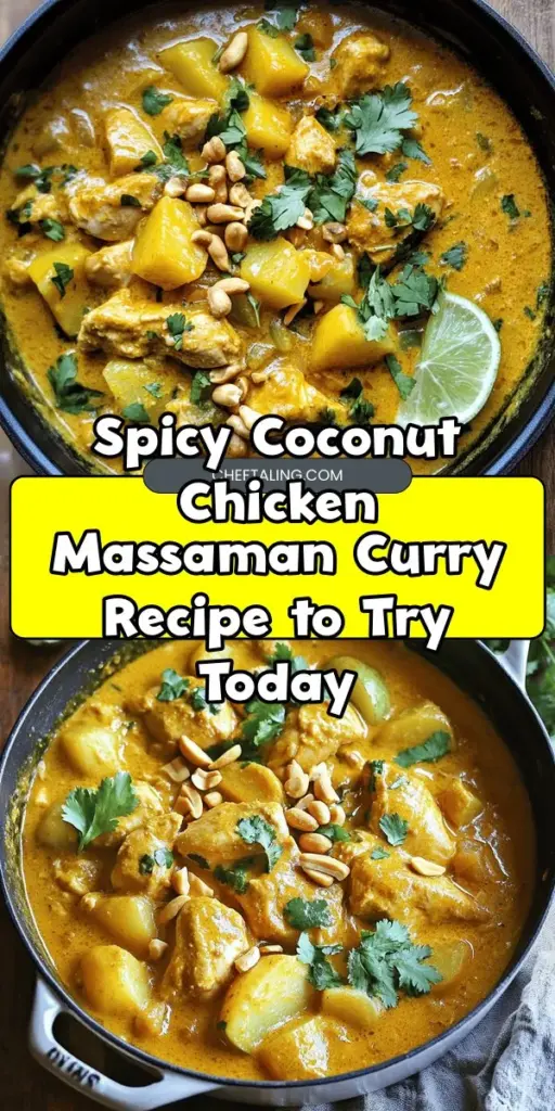 Discover the rich flavors of Spicy Coconut Chicken Massaman Curry, a delicious Thai dish that fuses aromatic spices with creamy coconut milk. This comforting curry features tender chicken thighs, earthy spices, and a hint of sweetness, making it perfect for any home cook. Easy to prepare and packed with nutrients, it’s a culinary journey into Southeast Asian culture. Serve it over rice or with naan for an unforgettable meal! #MassamanCurry #ThaiFood #CoconutChicken #ComfortFood #HealthyRecipes #CurryLovers