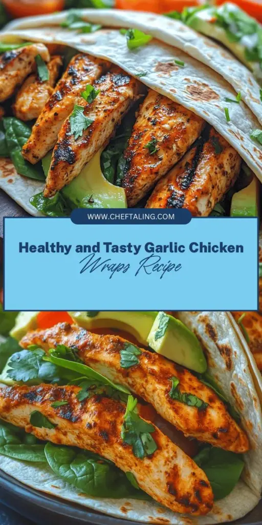 Discover the deliciousness of Garlic Chicken Wraps! This healthy meal combines tender marinated chicken, fresh veggies, and creamy sauces all wrapped in a whole wheat tortilla. Perfect for busy days, these versatile wraps are easy to customize for any palate. Marinate your chicken for maximum flavor, then grill or pan-cook for savory results. Make them a staple in your meal prep and enjoy a nutritious lunch or dinner. #HealthyEating #WrapRecipes #GarlicChicken #MealPrep #HealthyLunch #Foodie #QuickMeals