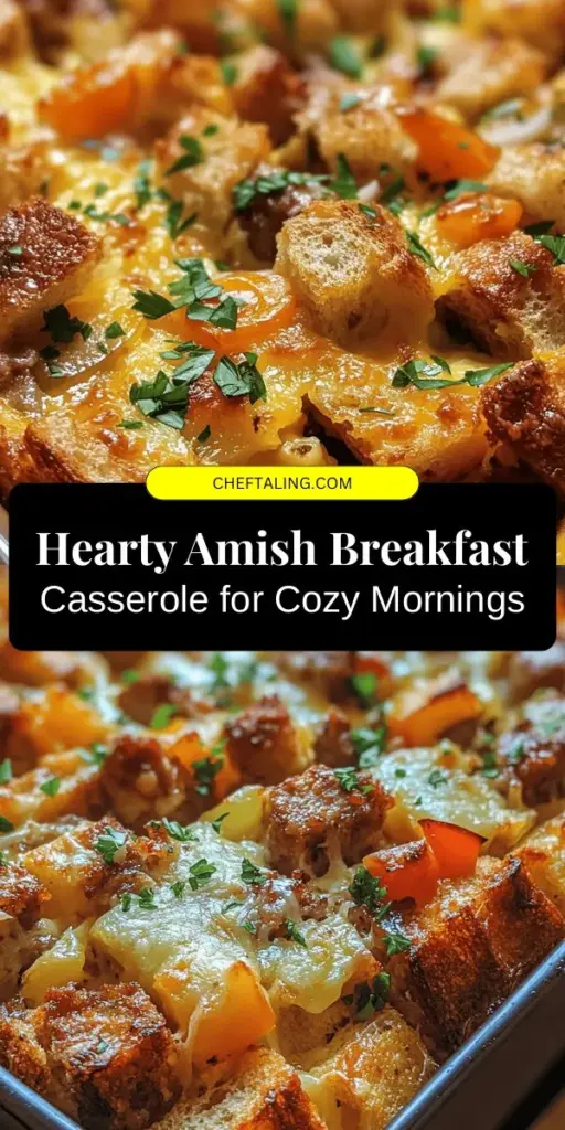 Start your day with a Hearty Amish Breakfast Casserole, a comforting dish that brings family and friends together. Packed with layers of savory breakfast sausage, eggs, cheese, and bread, this casserole is nutritious and versatile. Perfect for busy mornings, holiday brunches, or meal prep! Explore dairy-free, gluten-free, and vegetarian options to suit everyone’s tastes. Gather around the table and enjoy the warmth of this timeless recipe! #AmishCooking #BreakfastCasserole #ComfortFood #FamilyMeals #MealPrep #BrunchIdeas