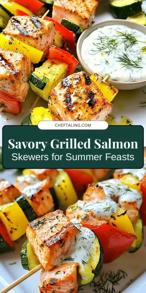 Elevate your summer dining with Grilled Salmon Skewers and a zesty Creamy Dill Yogurt Sauce! These flavorful skewers are not only easy to make but also packed with health benefits, including omega-3 fatty acids and high-quality protein. Perfect for outdoor cooking, you can customize them with your favorite veggies. Serve with the refreshing yogurt sauce for a delicious and nutritious meal. Try it today and savor the flavors of summer! #GrilledSalmon #HealthyEating #SummerRecipes #BBQ #YogurtSauce #Skewers #Omega3 #CleanEating #GrillingIdeas