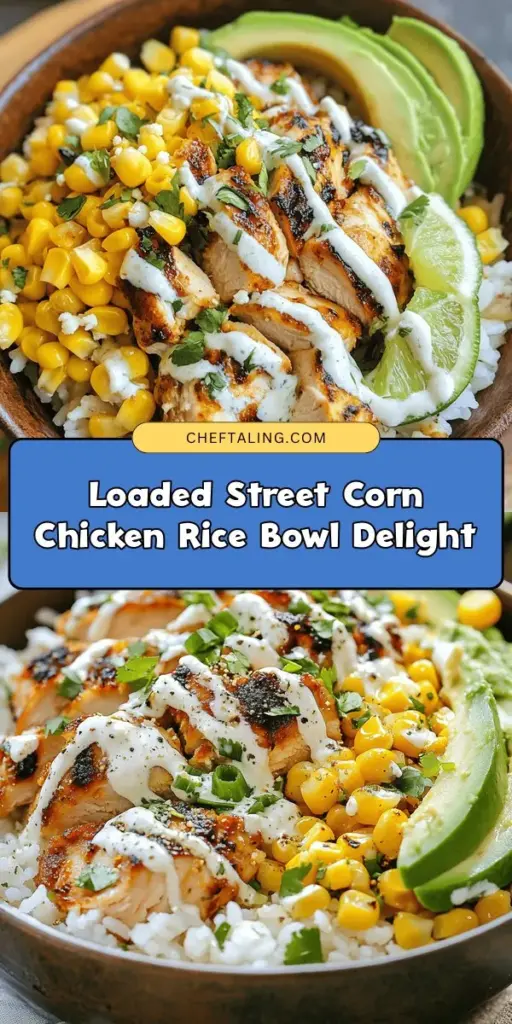 Discover the vibrant flavors of the Loaded Street Corn Chicken Rice Bowl! This dish combines tender chicken, jasmine rice, and sweet corn, topped with a creamy sauce reminiscent of Mexican street food. It's nutritious, customizable, and perfect for busy weeknights or meal prep. Whether you're cooking for family or friends, this bowl guarantees satisfaction. Dive into this delicious experience today! #ChickenRiceBowl #StreetCorn #Foodie #DeliciousRecipes #MealPrep #HealthyEating #CookingAtHome #ComfortFood