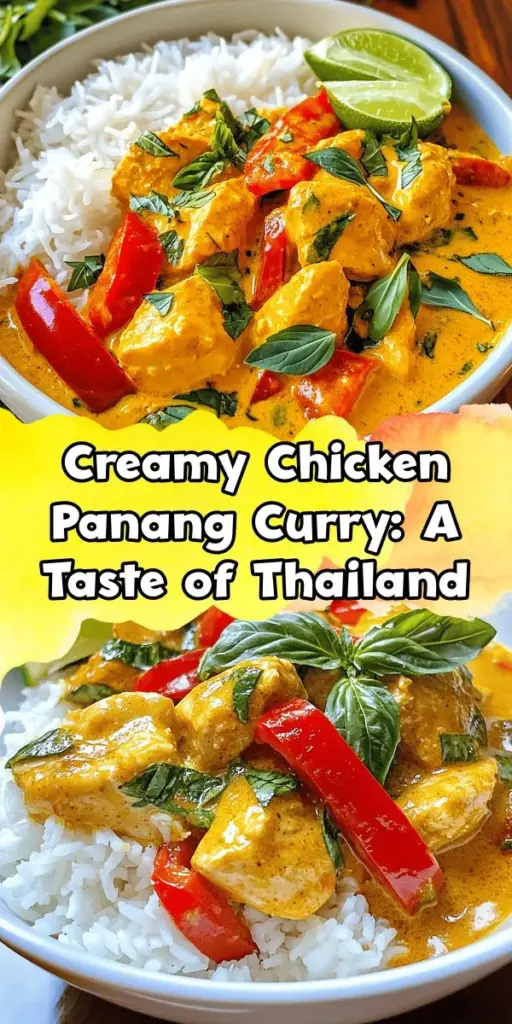 Indulge in the rich and creamy goodness of Chicken Panang Curry, a Thai favorite that will take your taste buds on a flavorful journey. With its luscious coconut milk, aromatic spices, and tender chicken, this dish is sure to warm your soul. Perfect served over jasmine rice, you'll love the balance of sweet, salty, and savory notes in every bite. Try this delightful recipe and bring a taste of Thailand to your kitchen! #ThaiCuisine #PanangCurry #ComfortFood #CoconutMilk #RecipeOfTheDay #Foodie