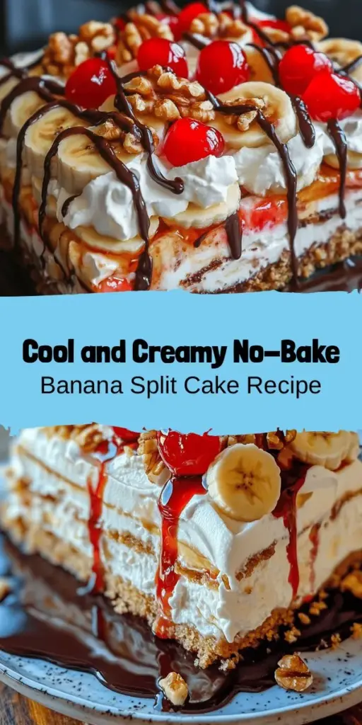 Discover the joy of no-bake desserts with this No-Bake Banana Split Cake Delight! Perfect for summer gatherings, this colorful treat features creamy layers, fresh fruits, and a crunchy crust, making it a crowd-pleaser. Simple to prepare and even easier to enjoy, it's ideal for any occasion. Impress your friends and family with this visually stunning and delicious dessert! #NoBake #BananaSplit #DessertIdeas #SummerTreats #EasyRecipes #CookingWithKids #DeliciousDesserts